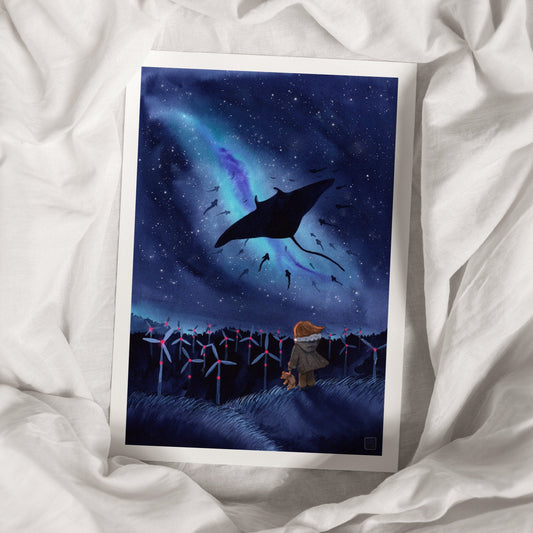 High-quality art print "Migration" on textured watercolor paper, hand-signed and available in various sizes. The artwork features manta rays gliding through a starry sky and a glowing galaxy, painted in soft shades of blue. A dreamy piece of ocean art celebrating marine animals and the beauty of the cosmos.