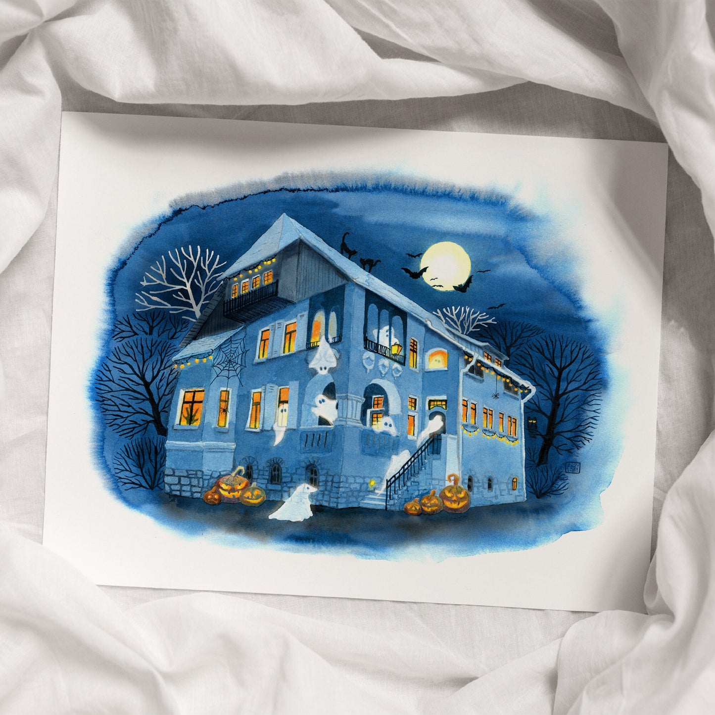 Kunstdruck 'Halloweenparty' auf feinem Aquarellpapier - handsigniert - Lustige Gespenster und Kürbisgesichter