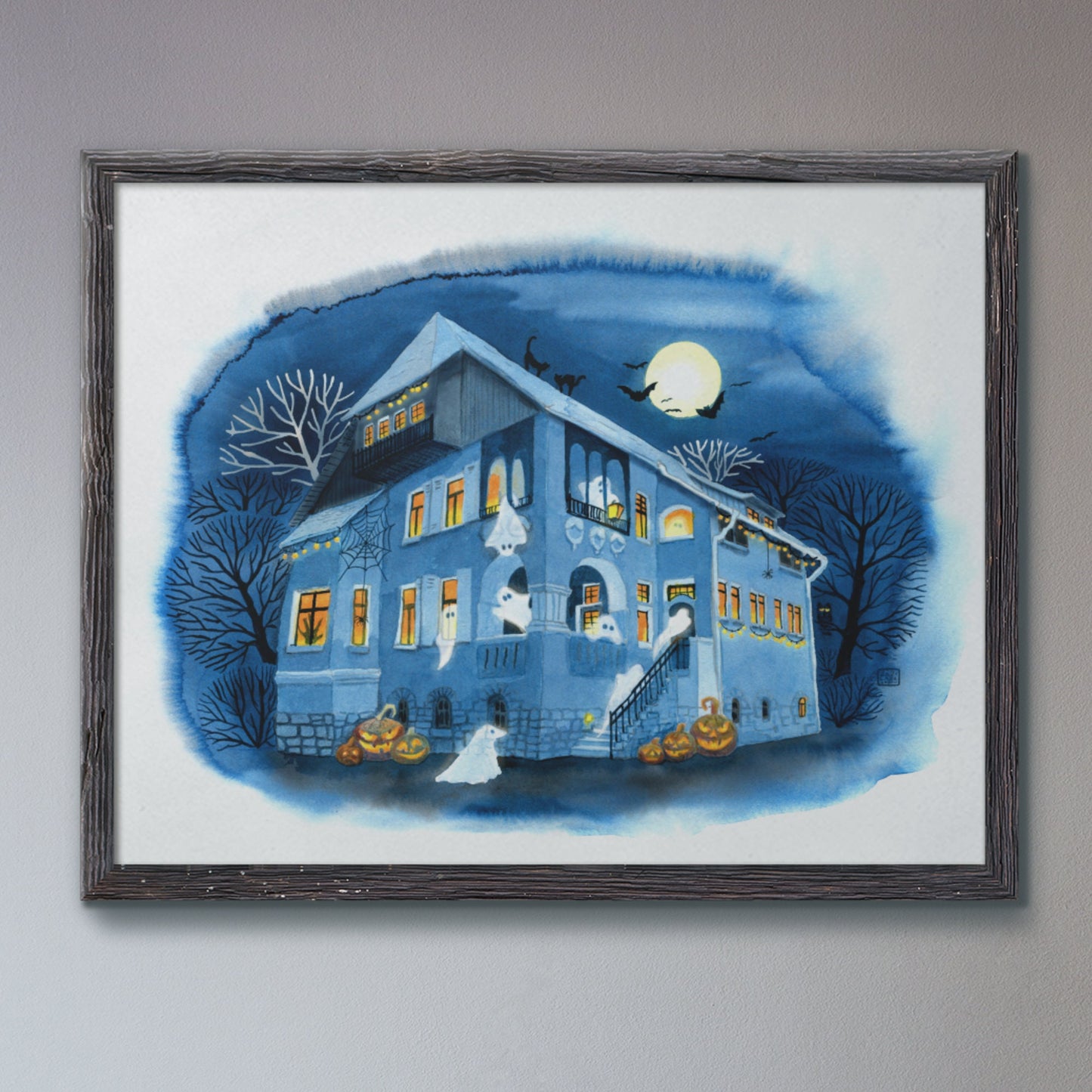Kunstdruck 'Halloweenparty' auf feinem Aquarellpapier - handsigniert - Lustige Gespenster und Kürbisgesichter
