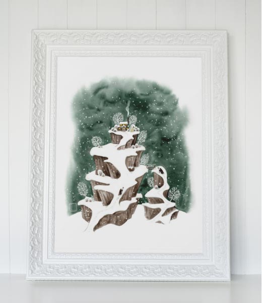 Winterliche Berglandschaft mit gemütlicher Hütte - Aquarell - Kunstdruck - 35x44cm - Wandbild - Winter Deko - Schneelandschaft