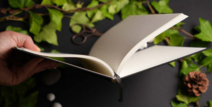 Flexible A5 hardcover journal with ribbon bookmark and premium Munken Pure paper, available in dot grid, lined, or blank.