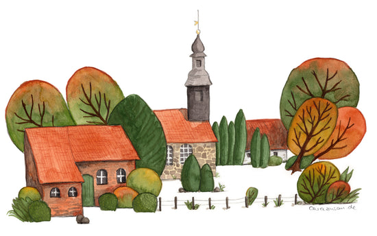 Dorfkirche in Körba, Brandenburg - Aquarell der Künstlerin und Illustratorin Gabriele Carasusan
