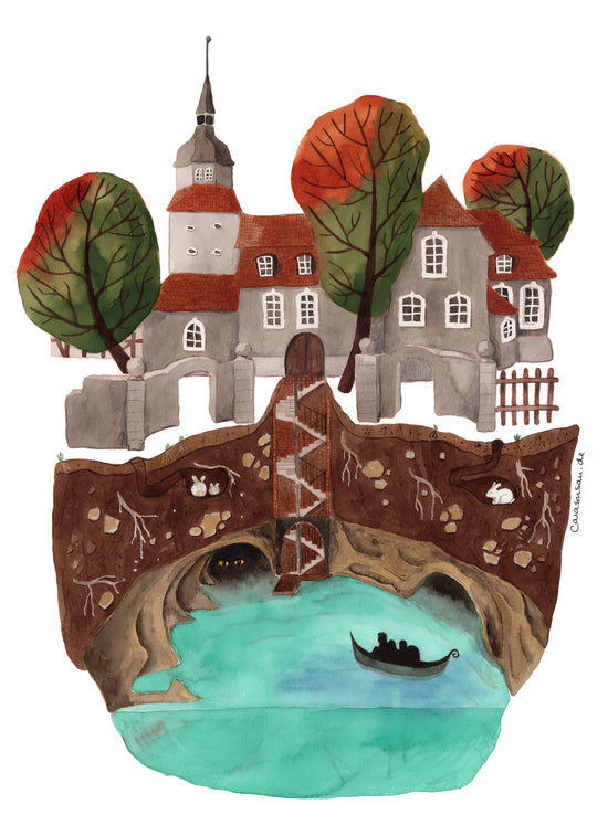 Kirche mit Unterwelt - Aquarell der Künstlerin und Illustratorin Gabriele Carasusan