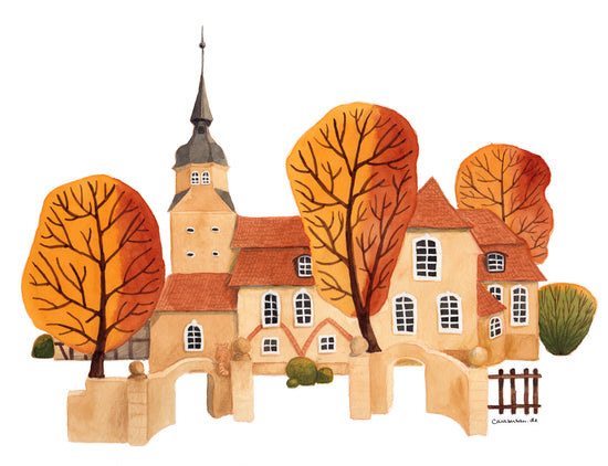 Dorfkirche - Aquarell der Künstlern und Illustratorin Gabriele Carasusan