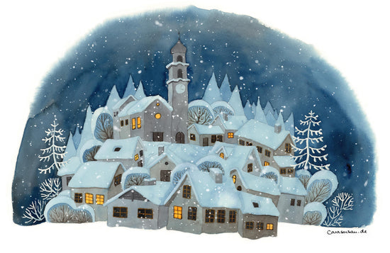 Weihnachtsdorf Winterdorf im Schnee - weihnachtliche Illustration Kunstdruck der Künstlerin Gabriele Carasusan