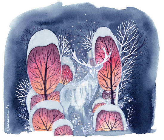 Hirschgott - Hirsch im Winterwald - Aquarell der Künstlerin Gabriele Carasusan