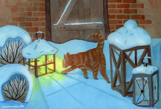 Cat and Fairy - Katze und Fee im Schnee - Aquarell der Künstlerin Gabriele Carasusan
