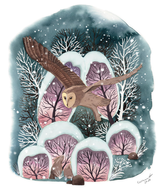 Wintereule - Schleiereule im Winterwald - Aquarellillustration der Künstlerin Gabriele Carasusan