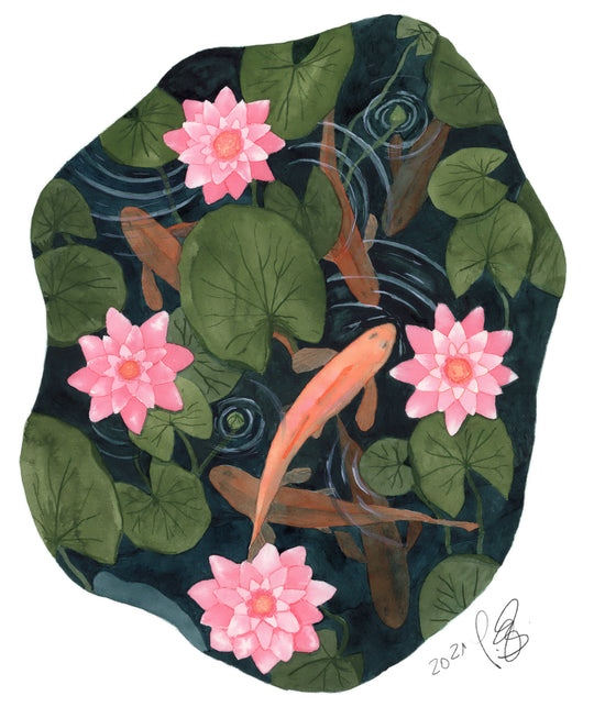 Waterlily Pond - Seerosenteich - Aquarell und Zeichentusche - Gemälde der Künstlerin Gabriele Carasusan