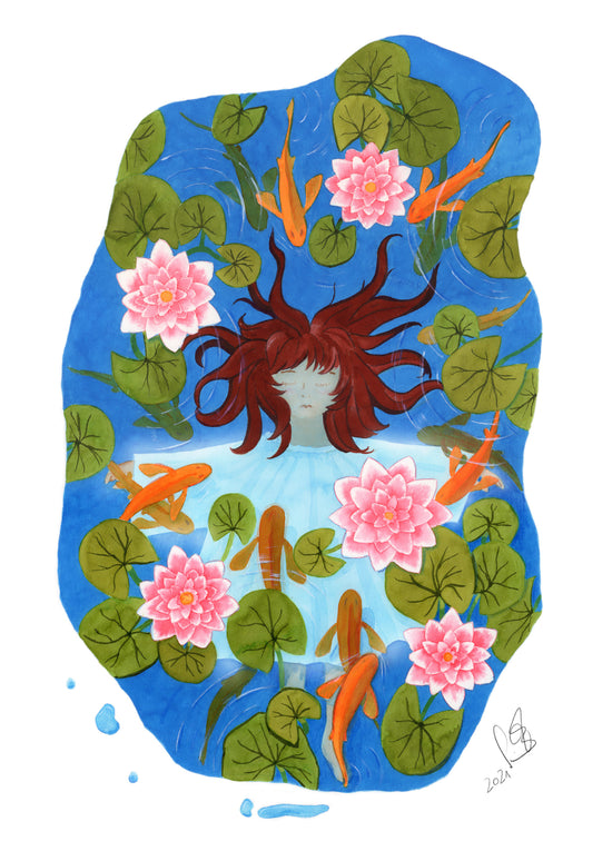 Waterlily Pond Girl - Mädchen im Seerosenteich - Zeichentusche und Aquarell - Illustration der Künstlerin Gabriele Carasusan