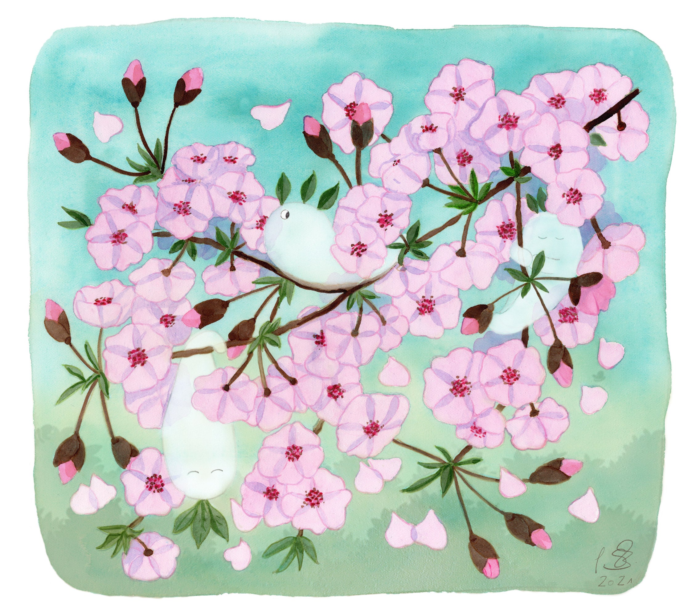 Kirschblüten Geister - Hanami Kodama - Aquarell der Künstlerin Gabriele Carasusan