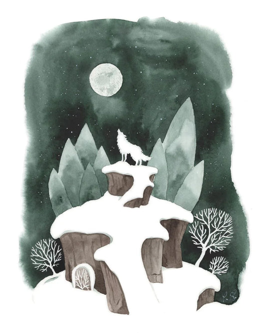 Magische Winterlandschaft 'Wolfsmond' Aquarell | Postkarte Din A6 - Carasusan