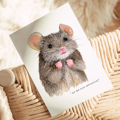 Postkarte „Ich bin eine Optimistin!“ – niedliche Maus | Aquarell | Aufmunternder Gruß & Mutmacher Karte - Carasusan