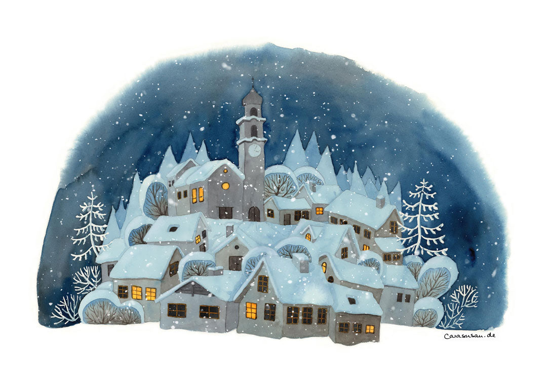 Winterliches Aquarell 'Dorf im Schnee' | Fine Art Print Weihnachtsdorf | 41x28 cm