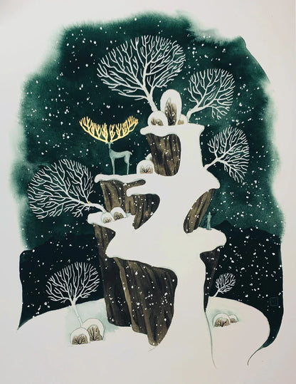 Winterlandschaft mit Hirsch - handvergoldet - Aquarell - Kunstdruck - 32x41cm - Wandbild - Winter Deko - Carasusan