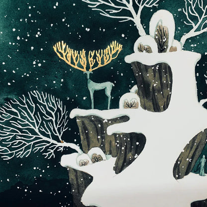 Winterlandschaft mit Hirsch - handvergoldet - Aquarell - Kunstdruck - 32x41cm - Wandbild - Winter Deko - Carasusan