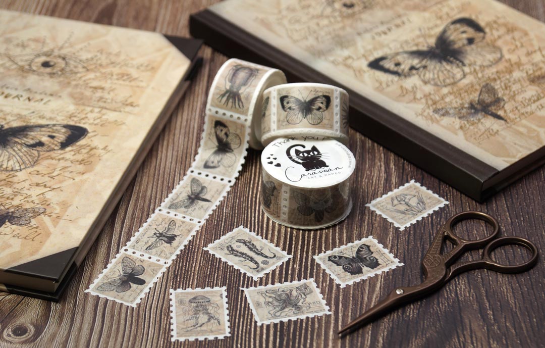 Washi Tape Stamps | Dark Academia Butterflies Vintage Illustrations | approx. 150 stickers for journaling, scrapbooking and decoration