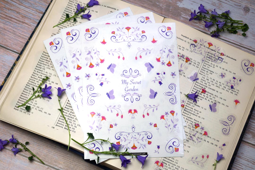 3 sticker sheets Din A5 | Romantic purple flower tendrils | Transparent stickers | Cottagecore, boho, folklore | Journaling accessories