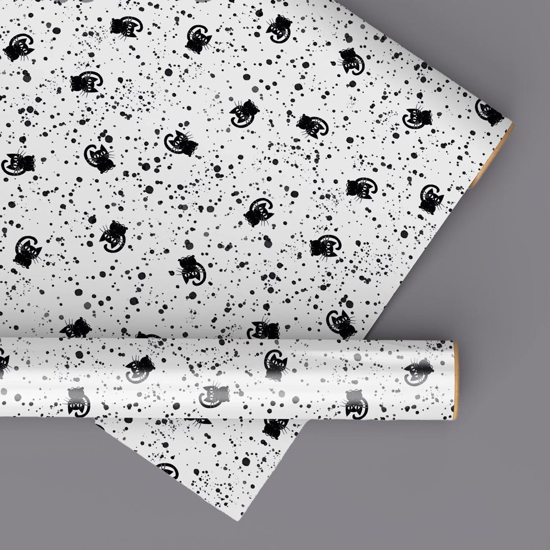 Black and white cat wrapping paper sheet with hand-drawn cat pattern, minimalist design, modern gift wrap for cat lovers