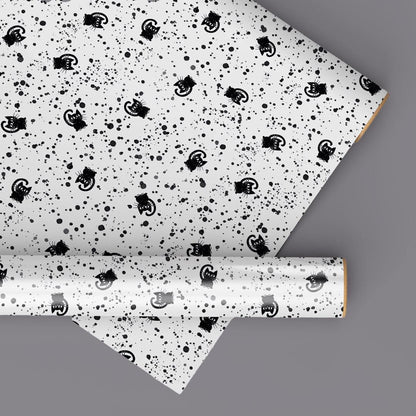 Black and white cat wrapping paper sheet with hand-drawn cat pattern, minimalist design, modern gift wrap for cat lovers