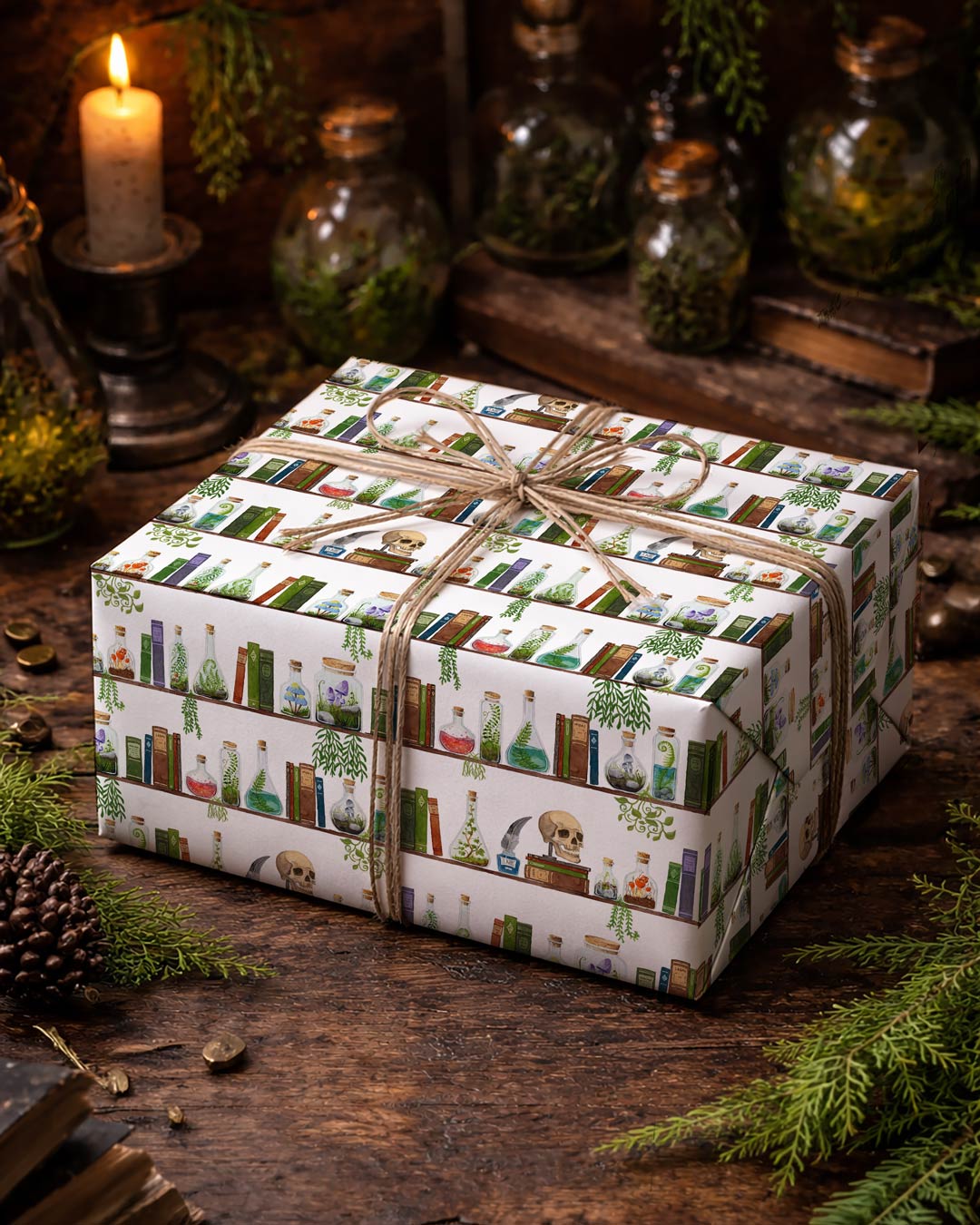 Apothecary Hexenregal Geschenkpapier – 50x70cm, 100gsm seidenmatt | Dark Academia Wrapping Paper