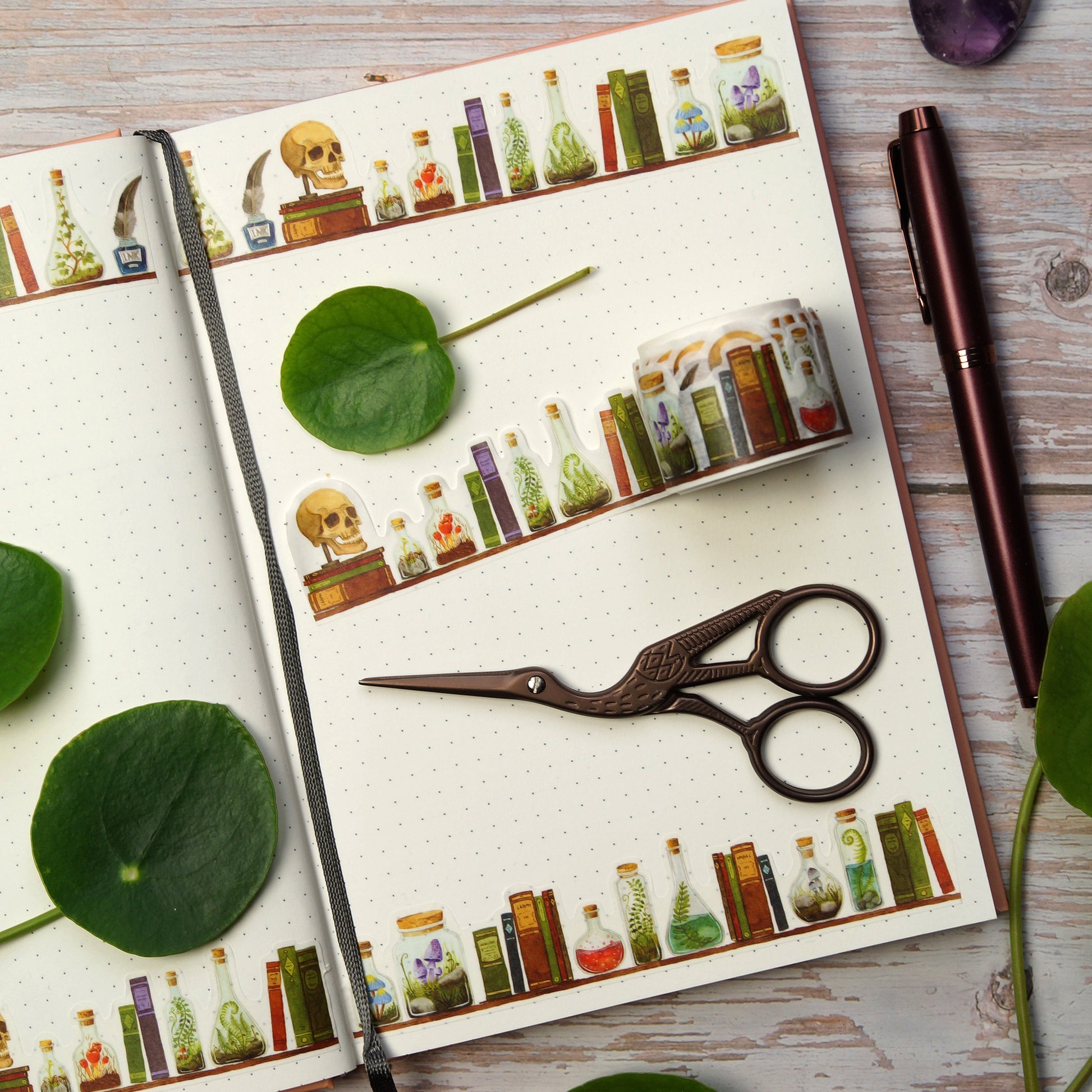 Witchy Die Cut Washi tape Magical Potions - ein ganzes Hexenregal voller liebevoll illustrierter Details – Zaubertränke, glitzernde Kristalle, zarte Pflanzen in alten Flaschen, geheimnisvolle Tinkturen, vergilbte Bücher, ein neugieriger Totenkopf, Tinte und Feder.
Perfekt für Journaling, Scrapbooking, Book of Shadows oder lustige Geschenkdeko.