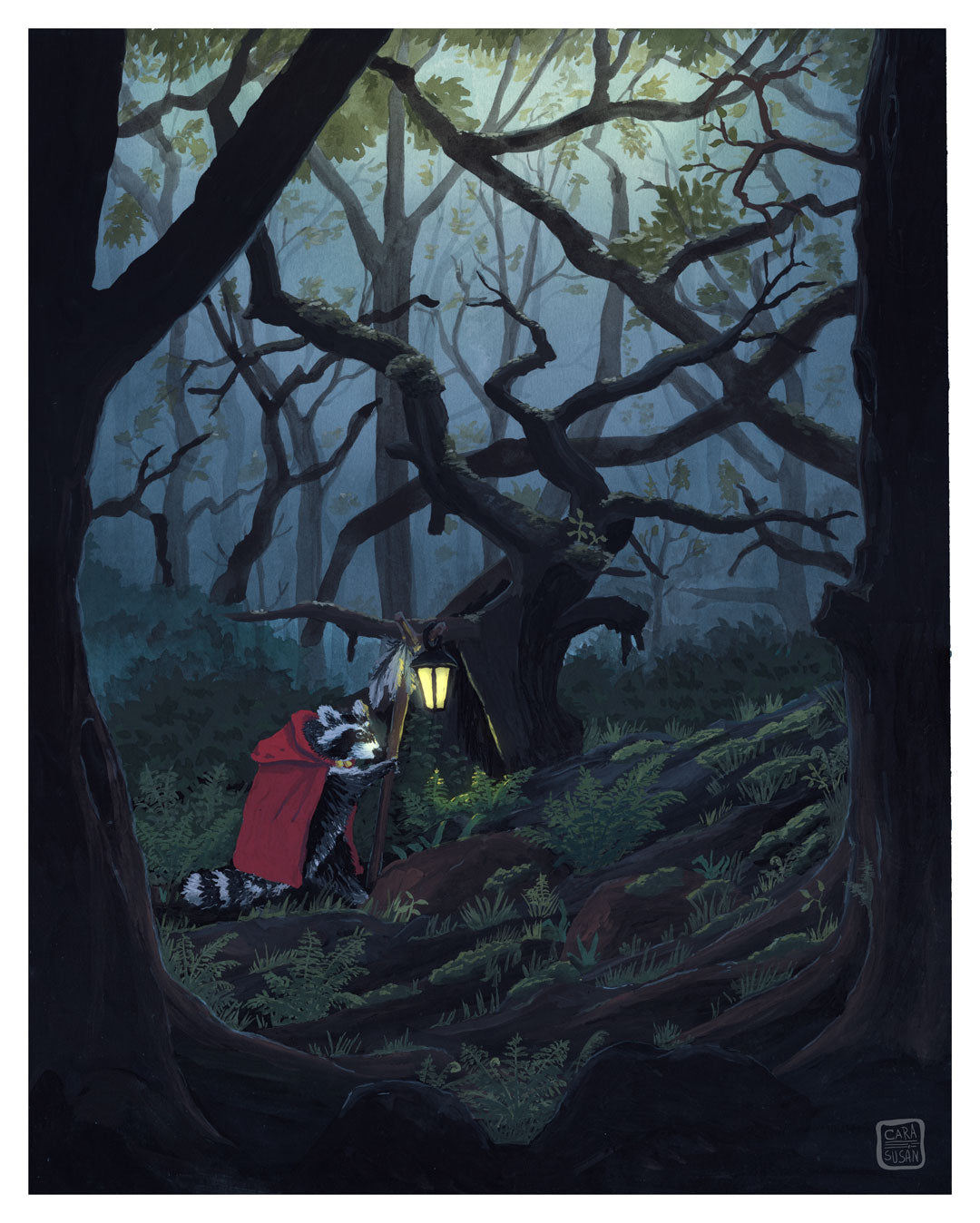 Gouache Gemälde Fantasy Wald mit Waschbaer
