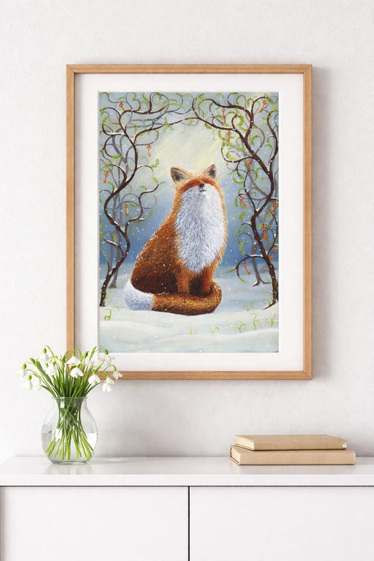 Framed fox oil painting in natural wood frame on light grey wall above white sideboard, styled with glass vase of snowdrops, minimal calm interior mockup