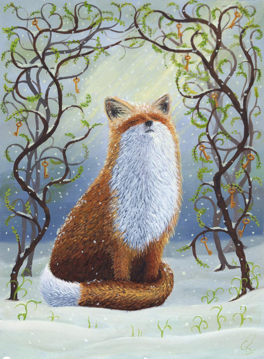 Original oil painting of a fox sitting in snow, eyes closed, surrounded by delicate spring branches with green leaves and hanging golden keys, symbolizing new beginnings