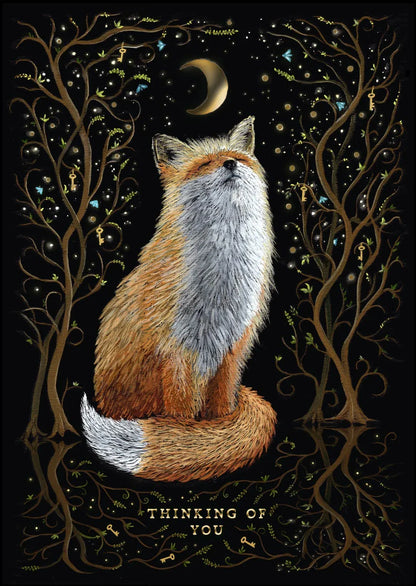 Postkarte Fuchs "Thinking of you" | Liebesgrüße mit Witchy Vibes | Goldfoliendruck - Carasusan