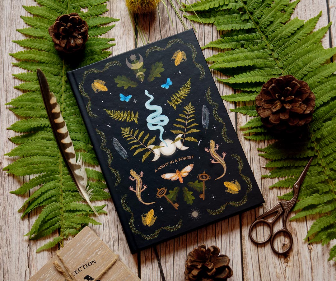 Dot grid notebook | Forest Magic | black | 128 pages | ribbon bookmark | eco friendly recycled paper | bullet pattern journal or lined