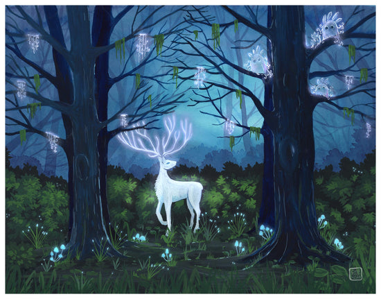 Gouache painting Deer with tree spirits by Carasusan