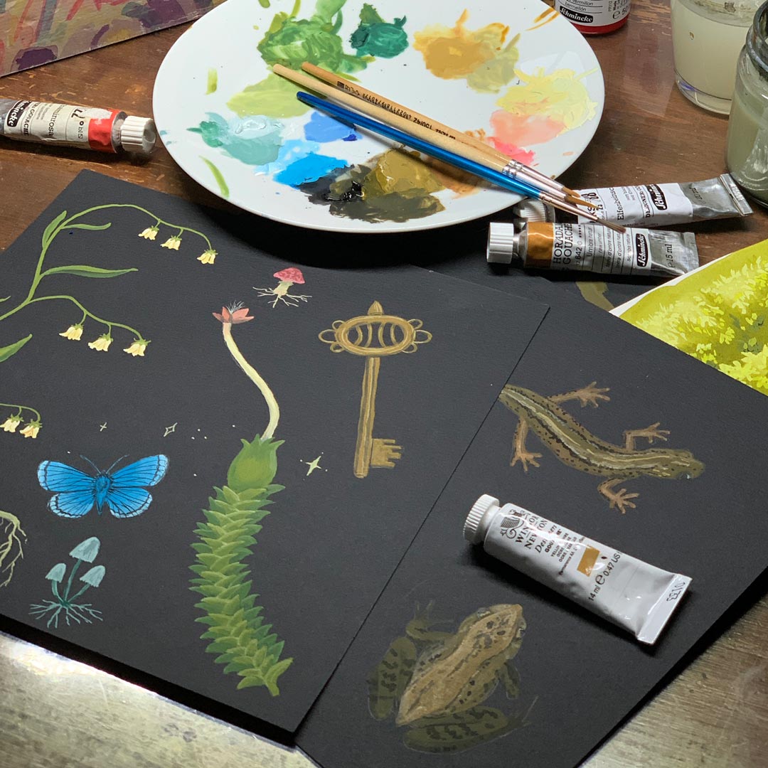 Gouache painting of art elements for design with witchy forest vibes.