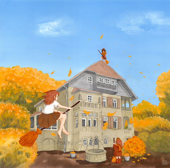Herbstputz - Junge Hexen im Garten der Villa im Botanischen Garten, Herzberg (Elster) - Gouache der Künstlerin Gabriele Carasusan