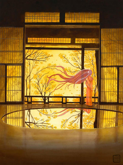 Kunstdruck Herbstwind Aquarell 40x52cm | Wandbild gelb asiatisch | Art Print Herbst | Boho Stil - Carasusan