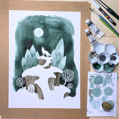Kunstdruck Wolfsmond | minimalistische Winterlandschaft mit Witchy Vibes - Carasusan