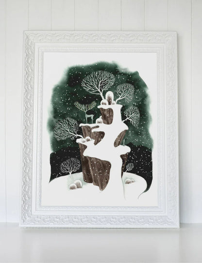 Winterlandschaft mit Hirsch - handvergoldet - Aquarell - Kunstdruck - 32x41cm - Wandbild - Winter Deko - Carasusan