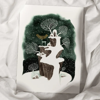 Winterlandschaft mit Hirsch - handvergoldet - Aquarell - Kunstdruck - 32x41cm - Wandbild - Winter Deko - Carasusan