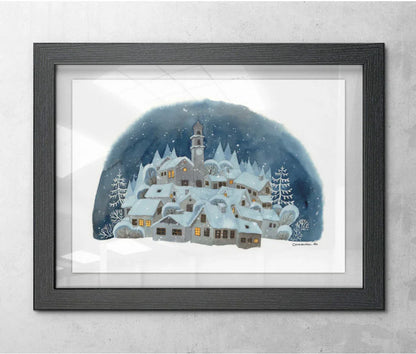 Winterliches Aquarell 'Dorf im Schnee' | Fine Art Print Weihnachtsdorf | 41x28 cm - Carasusan