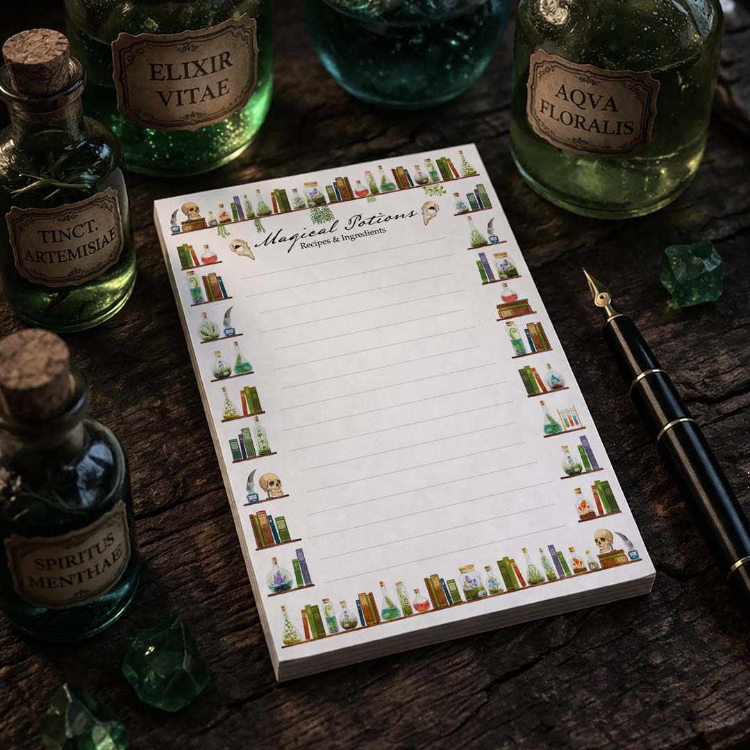 A6 notepad with apothecary shelf artwork in a witchy setting, styled with potion bottles and crystals on a dark rustic wood surface