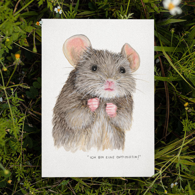 Postkarte mit niedlicher Maus und Spruch 'Ich bin eine Optimistin!' | Aquarell | DinA6