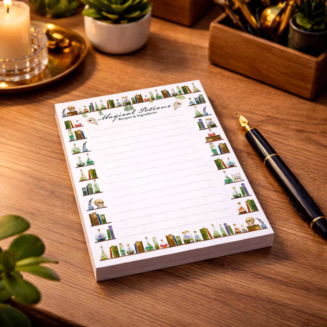 A6 notepad with apothecary shelf design on a warm wooden table, styled with a fountain pen and subtle decorative elements, angled view