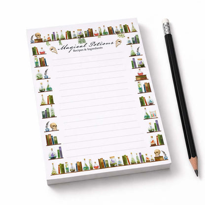 Minimal A6 notepad with apothecary design on a clean white background, styled with a pencil, simple product photography