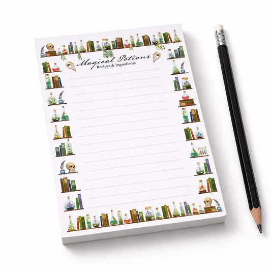 Minimal A6 notepad with apothecary design on a clean white background, styled with a pencil, simple product photography