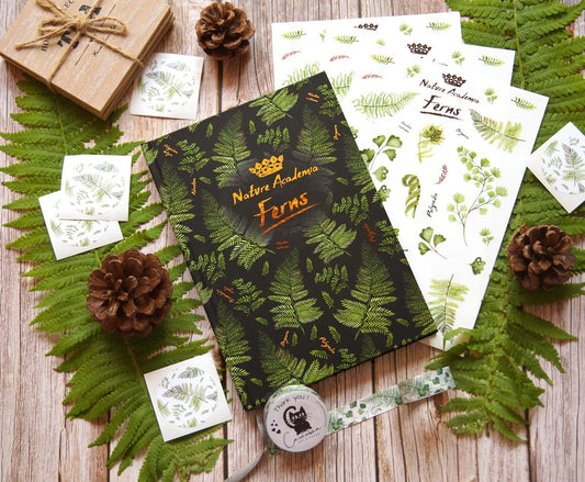 Journaling-Set 'Botanische Farne' schwarz | Notizbuch DinA5 mit Punktraster, Washi-Tape und 72 passenden Stickern