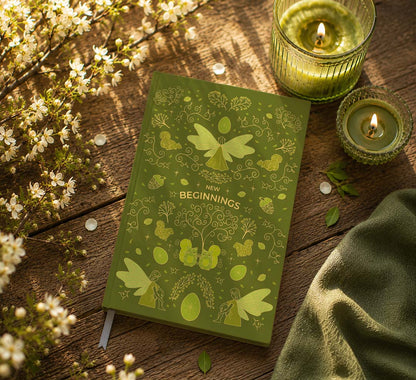 Green fairycore journal with stylized fairy illustrations, ornamental trees, small cats and decorative nature-inspired details on a soft-touch hardcover, styled on a rustic wooden table with green candles and spring blossoms in warm sunlight.