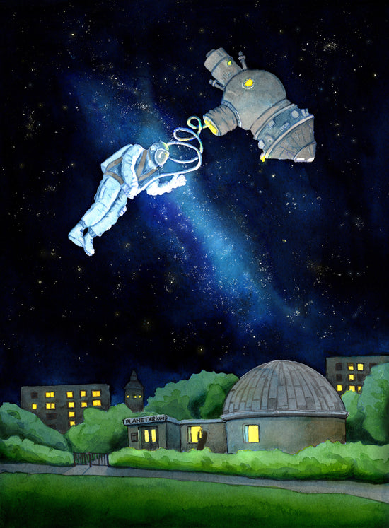 Kosmonaut Alexej Leonow - Zeichentusche und Aquarell - Illstration für das Leonow Pplanetarium in Herzberg (Elster) von der Künstlerin und Illustratorin Gabriele Carasusan.Gabriele