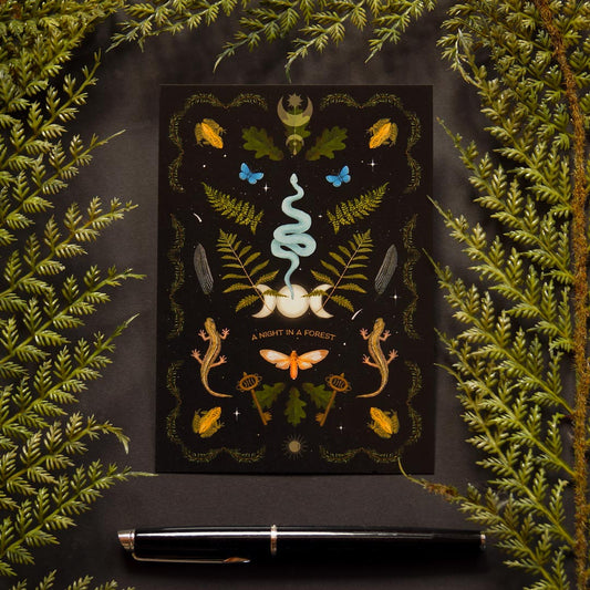 The atmospheric DinA6 postcard in a witchy Dark Academia Style is a work of art with magical elements, including snakes, toads, mysterious keys and various esoteric symbols. A must-have for friends of mystical and magical nights in the forest.