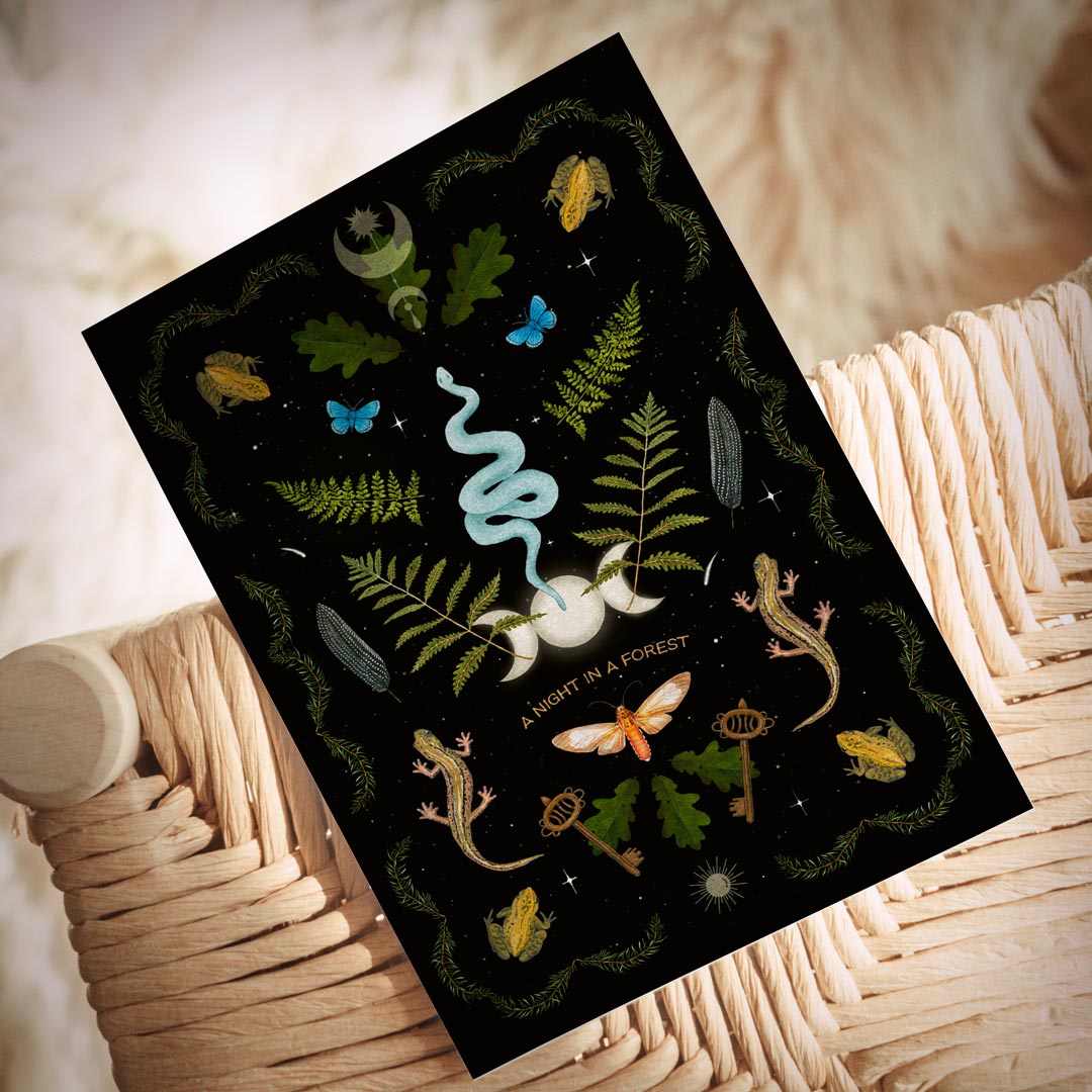 Witchy postcard with botanical illustrations and esoteric symbols in a Dark Academia Style