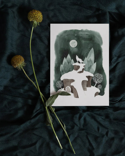 Magische Winterlandschaft 'Wolfsmond' Aquarell | Postkarte Din A6 - Carasusan